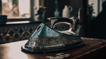 A tea kettle sitting on top of a wooden table. AI generative image.の素材