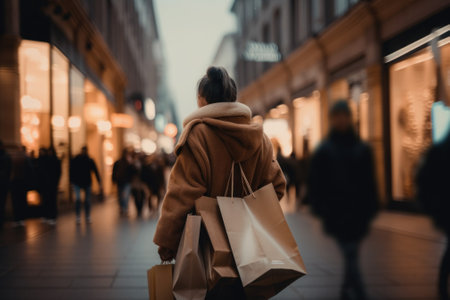 A woman walking down a street carrying shopping bags. AI generative image.の素材