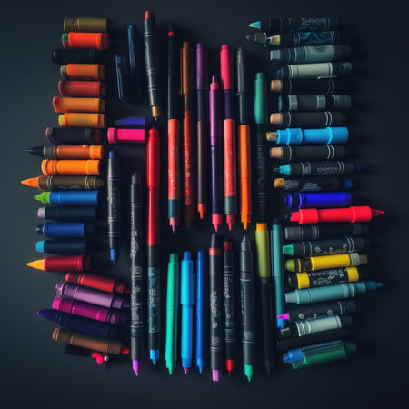 A group of different colored crayons arranged in the shape of a heart. AI generative image.の素材