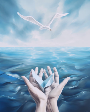 A painting of two hands holding a paper boat. AI generative image.の素材