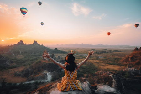 A woman sitting on top of a rock with hot air balloons in the sky. AI generative image.の素材