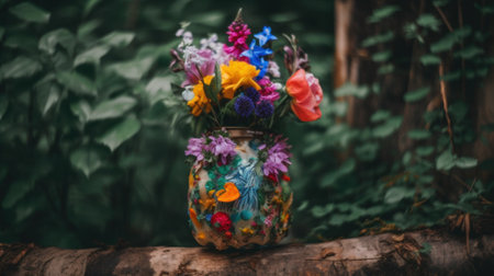 A vase filled with colorful flowers sitting on top of a log. AI generative image.の素材