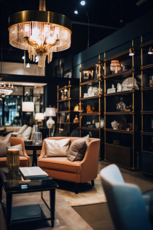 A living room filled with furniture and a chandelier. AI generative image.の素材