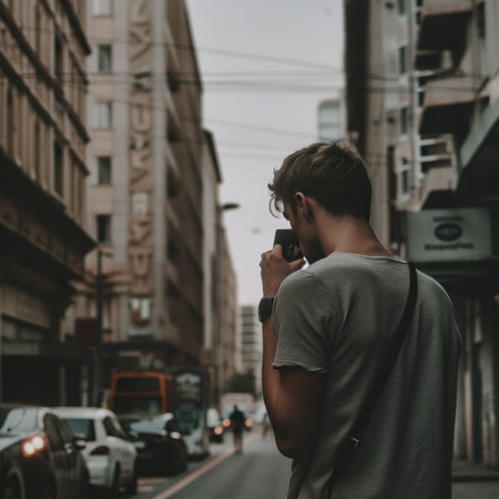 A man standing on the side of a street talking on a cell phone. AI generative image.の素材