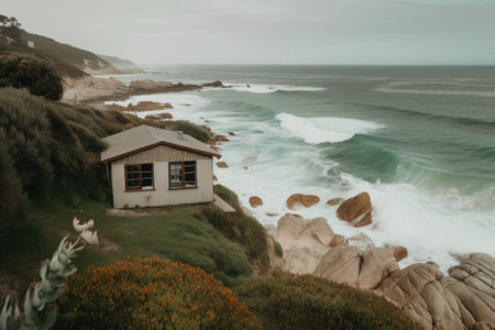 A house sitting on top of a lush green hillside next to the ocean. AI generative image.の素材