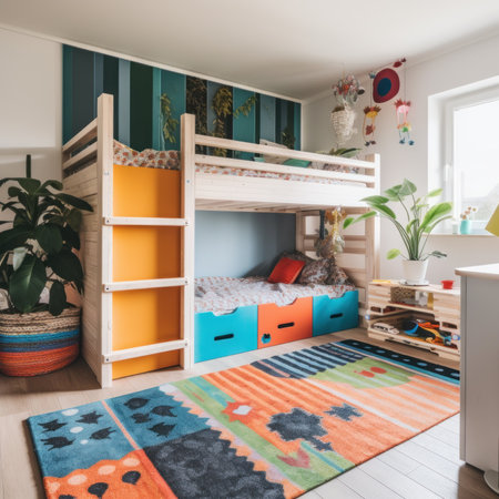 A childs bedroom with a bunk bed and colorful rug. AI generative image.の素材