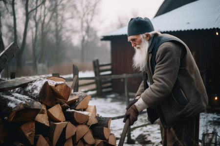 A man with a long white beard is chopping wood. AI generative image.の素材