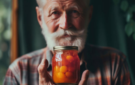 An old man holding a jar of oranges. AI generative image.の素材