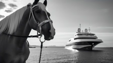 A black and white photo of a horse and a boat. AI generative image.の素材