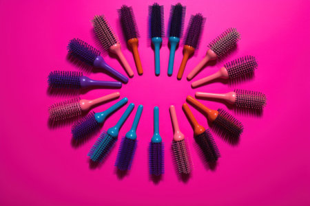 A circle of different colored brushes on a pink background. AI generative image.の素材