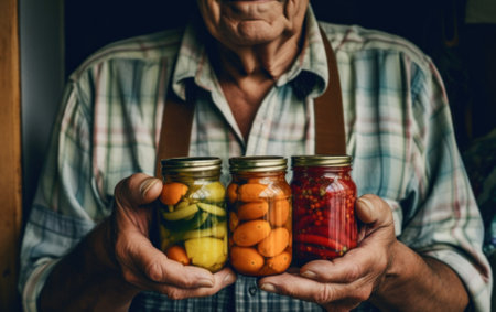 A man holding three jars filled with fruit. AI generative image.の素材
