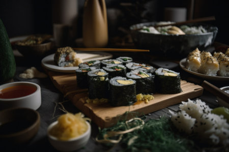 Sushi on a cutting board with chopsticks and sauces. AI generative image.の素材