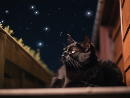 A black cat looking up at the night sky. AI generative image.の素材