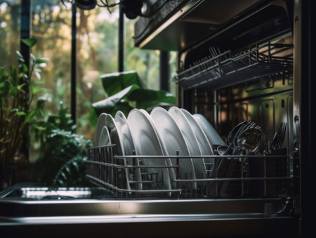 A dishwasher full of clean dishes in a kitchen. AI generative image.の素材