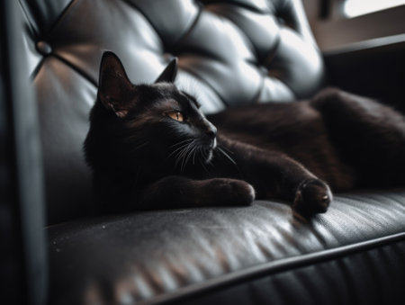 A black cat laying on top of a leather couch. AI generative image.の素材