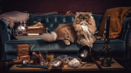A cat sitting on top of a blue couch. AI generative image.の素材