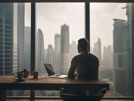 A man sitting at a table with a laptop in front of a window. AI generative image.の素材