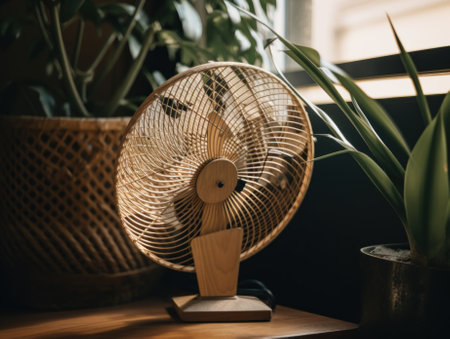 A wooden fan sitting on top of a table next to a potted plant. AI generative image.の素材