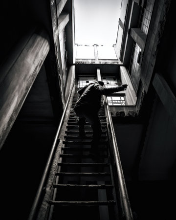 Bad dream, a person climbing up a set of stairs. AI generative image.の素材
