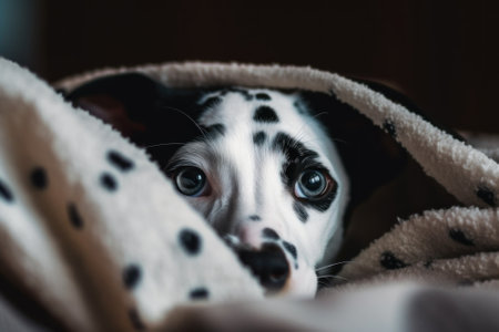 A black and white dog laying under a blanket. AI generative image.の素材
