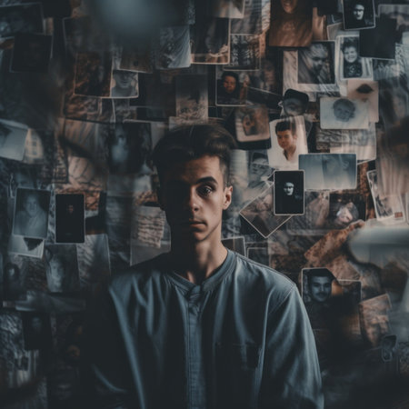A man standing in front of a wall covered in pictures. AI generative image.の素材