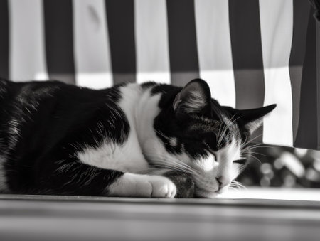 A black and white cat sleeping on a chair. AI generative image.の素材