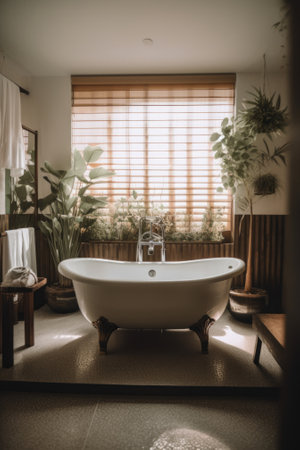 A bathtub in a bathroom with a window behind it. AI generative image.の素材