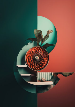 A vase with a plant in it sitting on a shelf. Generative AI image. Surreal dreamlike picture.の素材