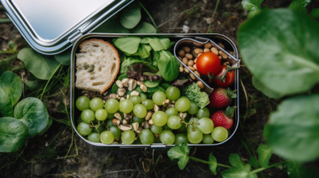 A reusable metal lunchbox container filled with lots of food. Generative AI image.の素材