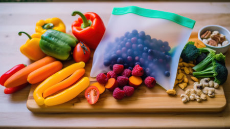 A reusable silicone cutting board with fruits and vegetables on it. Generative AI image.の素材