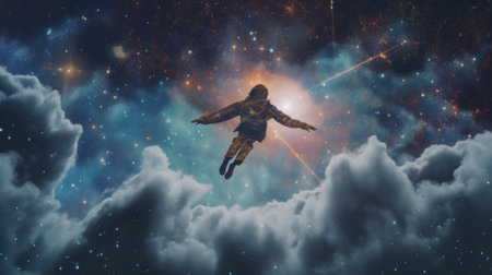 A man flying through the sky with a star in the background. Generative AI image.の素材