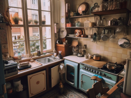A kitchen with a sink, stove, and a window. Generative AI image.の素材