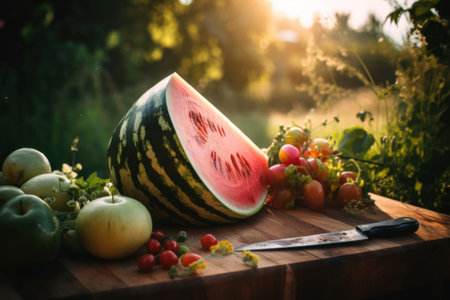 A wooden cutting board topped with lots of fruit. Generative AI image.の素材
