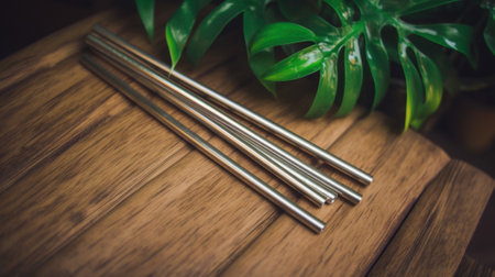 Three metal straws sitting on top of a wooden table. Generative AI image.の素材