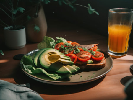 A plate of food and a glass of orange juice. Generative AI image.の素材