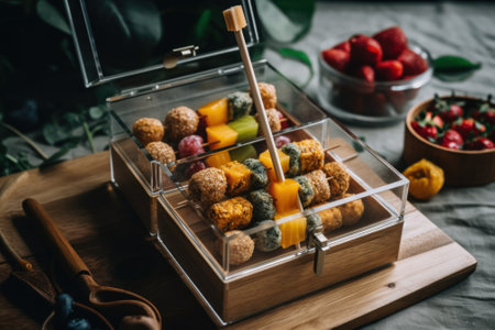 A wooden box filled with assorted fruits. Generative AI image.の素材