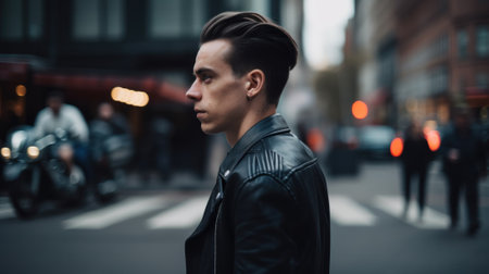 A man in a leather jacket standing on a city street. Generative AI image.の素材