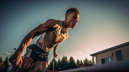 A man in a tank top is running on a track. Generative AI image.の素材