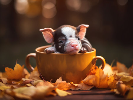 A small pig is sitting in a cup of leaves. Generative AI image.の素材