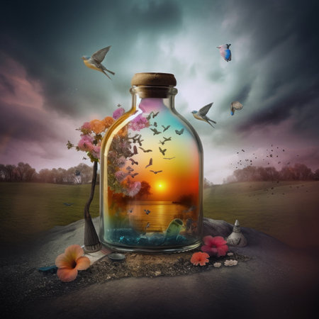 A bottle filled with water with birds flying around it. Generative AI image. Surreal dreamlike picture.の素材