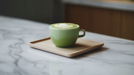 A green cup ofmatcha latte on top of a wooden tray. Generative AI image.の素材