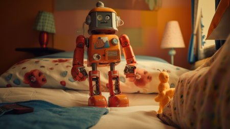 A toy robot sitting on top of a bed next to a teddy bear. Generative AI image.の素材