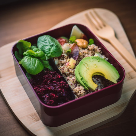 A bowl of food with avocado, rice, and spinach. Generative AI image.の素材