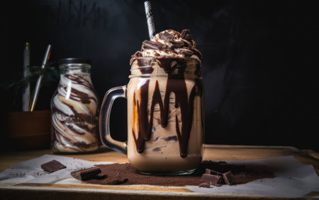 A chocolate milkshake with whipped cream and chocolate. Generative AI image.の素材