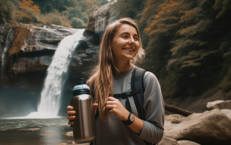 A woman standing in front of a waterfall holding a water bottle. Generative AI image.の素材