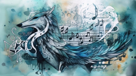 A painting of a wolf with music notes in the background. Generative AI image.の素材