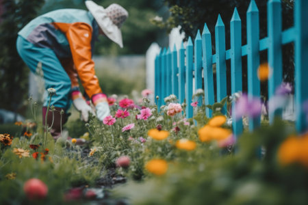 A person in a garden with flowers and a blue fence. Generative AI image.の素材