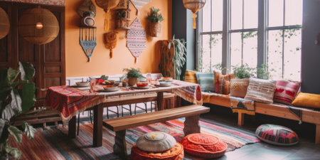 A living room with a table and a bench. Generative AI image.の素材