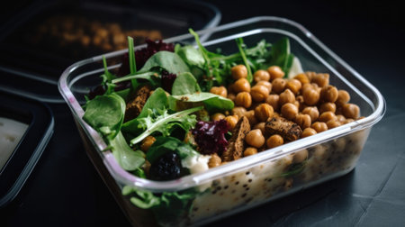 A plastic container filled with salad and nuts. Generative AI image.の素材