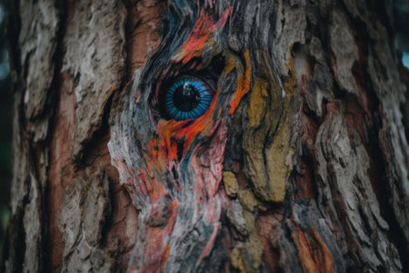 A close up of a tree with an eye painted on it. Generative AI image.の素材